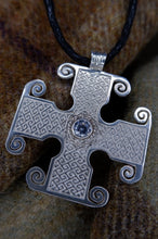 Load image into Gallery viewer, Unique "Saint Drostan's" Pictish cross pendant in sterling silver and CZ