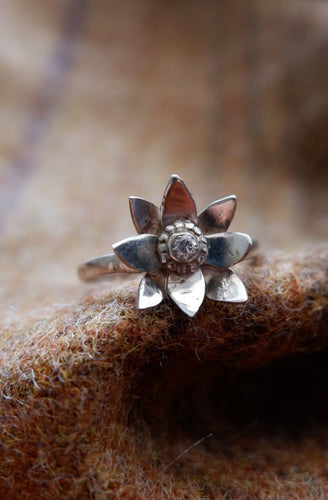 Sterling Silver Elven Flower Ring with Cubic Zirconia UK Size P. Jubilee Hallmark