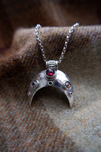 Large Crescent Moon with Garnets Silver Pendant