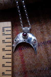 Large Crescent Moon with Garnets Silver Pendant