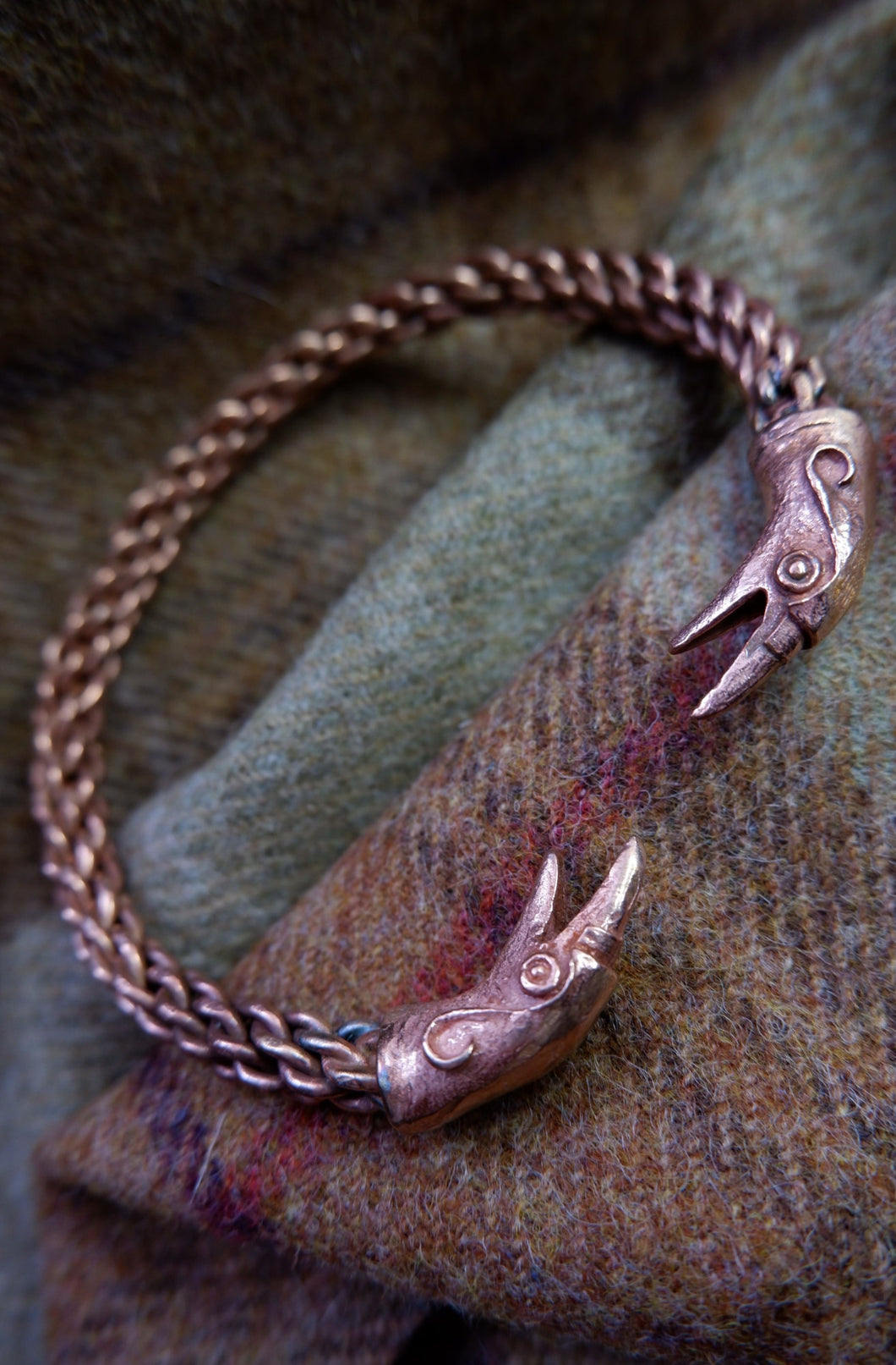 Raven Headed Braided Bracelet in Bronze