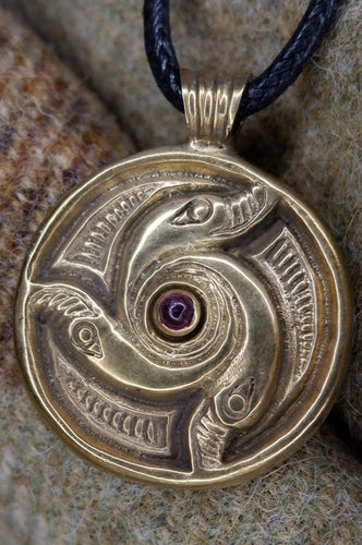 Unique Anglo Saxon fish pendant in gold plated silver and garnet