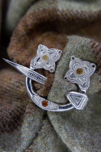 Loch Glashan Penannular Brooch in Sterling Silver or Bronze and Amber