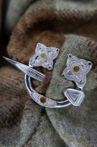 Loch Glashan Penannular Brooch in Sterling Silver or Bronze and Amber