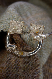 Loch Glashan Penannular Brooch in Sterling Silver or Bronze and Amber