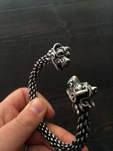 Sterling Silver Bear Headed Braided Bracelet or torc